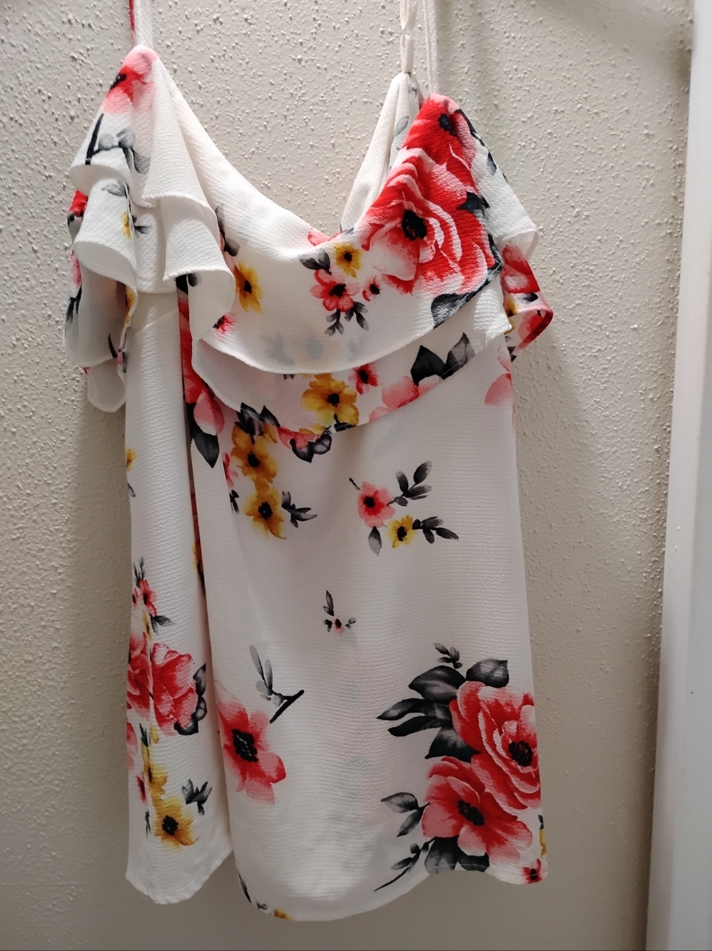 White Floral Off-Shoulder Dress Top with Pink & Yellow Blooms